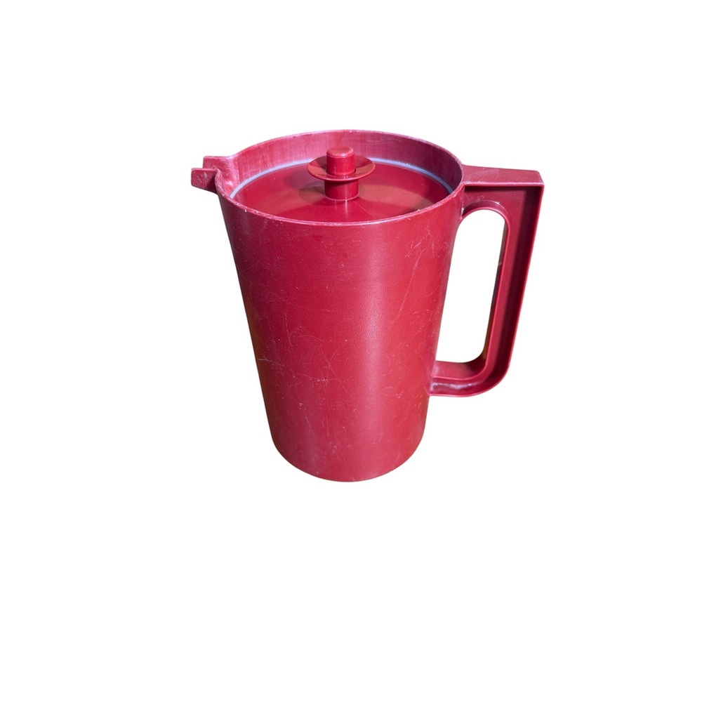 Tupperware Pitcher 2 Quart Cranberry Red Plastic‎ Push Button Lid Vintage 1970s